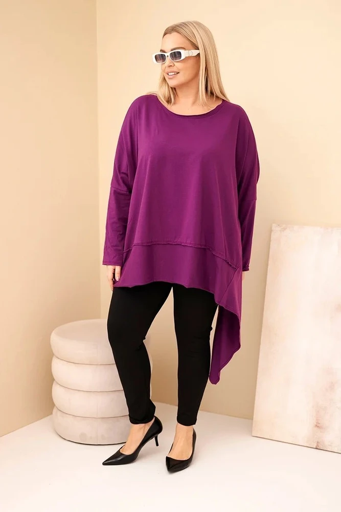 Moteriška Plus Size medvilninė tunika su asimetrine apačia, tamsiai violetinės spalvos