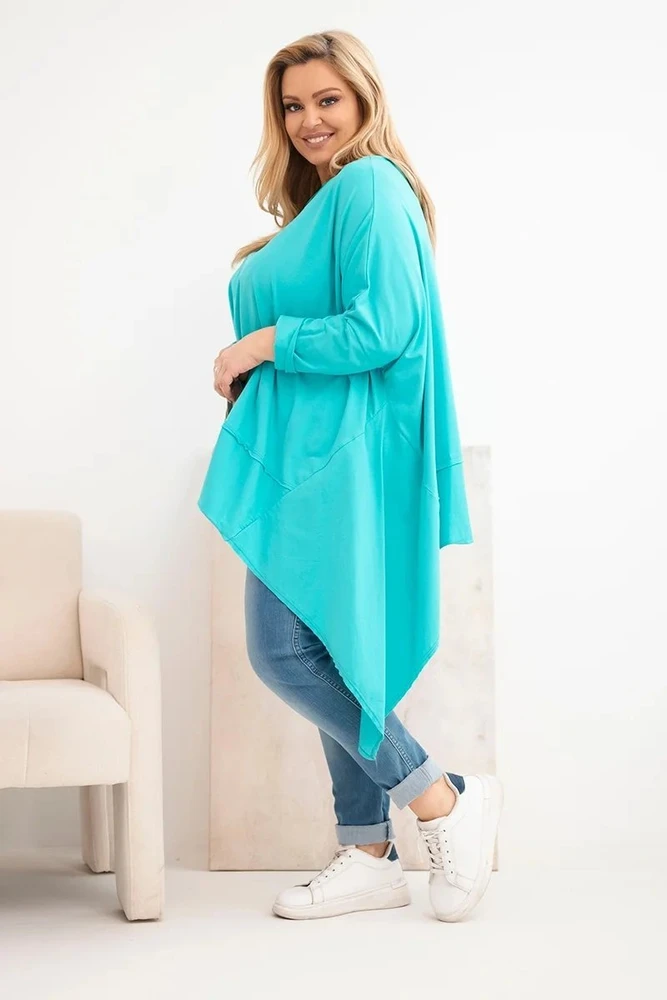 Moteriška Plus Size medvilninė tunika su asimetrine apačia, turkio spalvos