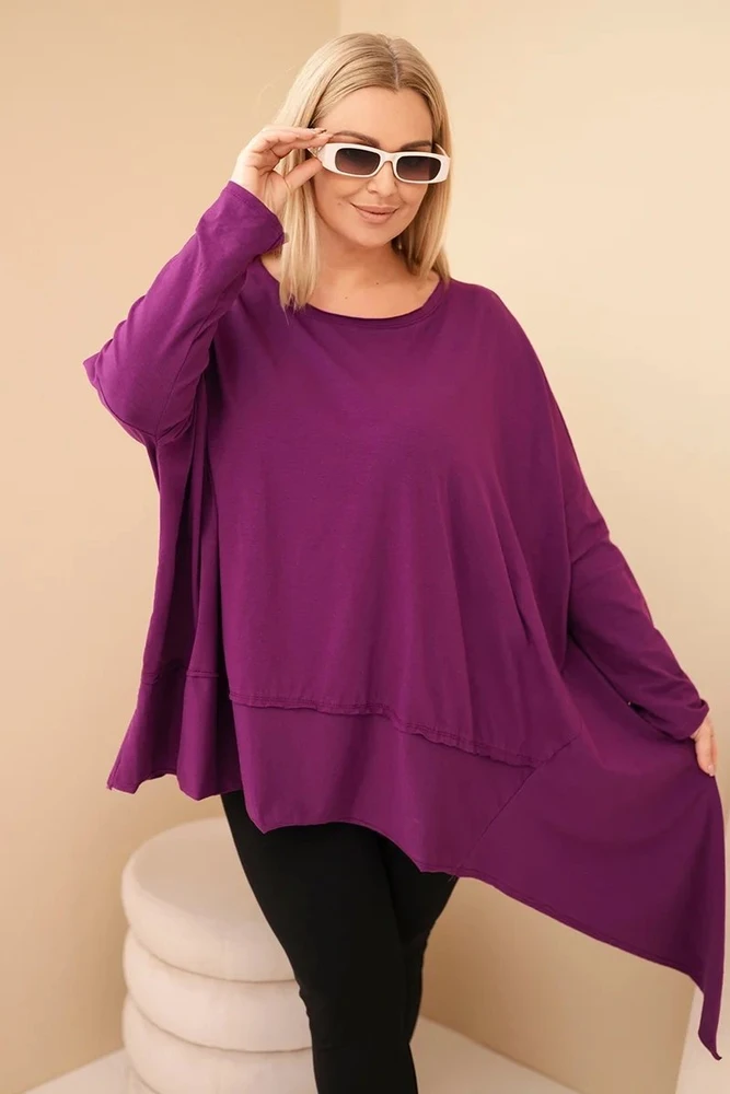 Moteriška Plus Size medvilninė tunika su asimetrine apačia, tamsiai violetinės spalvos