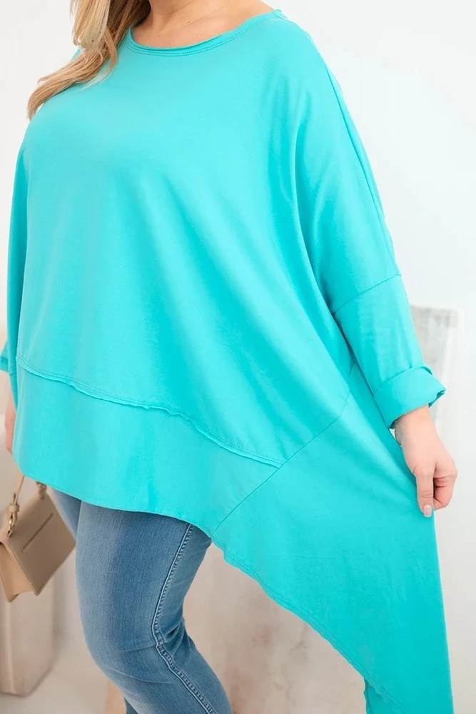 Moteriška Plus Size medvilninė tunika su asimetrine apačia, turkio spalvos