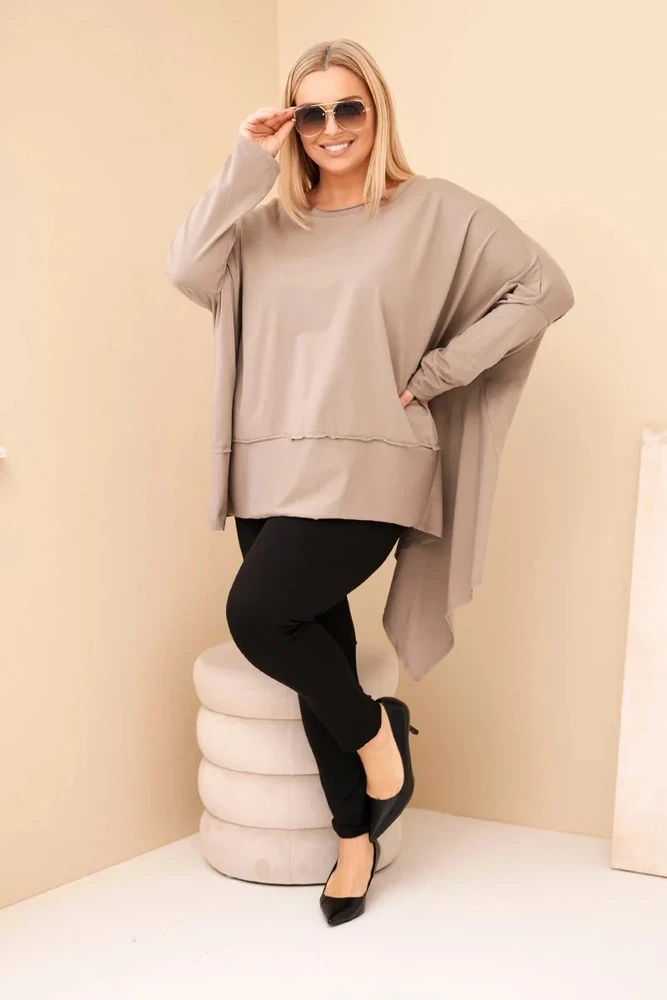 Moteriška Plus Size medvilninė tunika su asimetriniu apačios kraštu, kapučino spalvos
