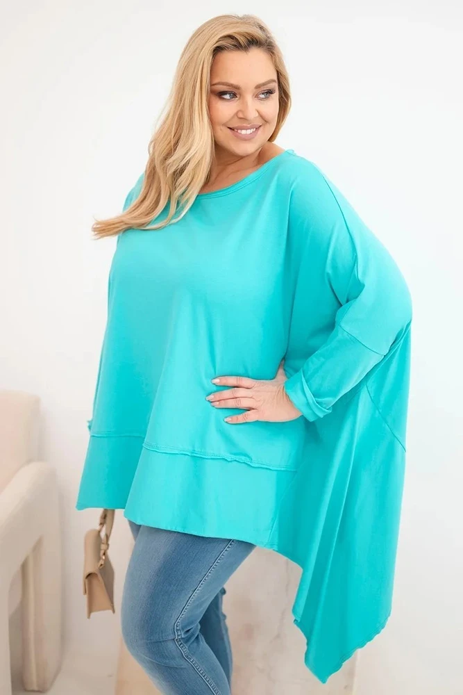 Moteriška Plus Size medvilninė tunika su asimetrine apačia, turkio spalvos