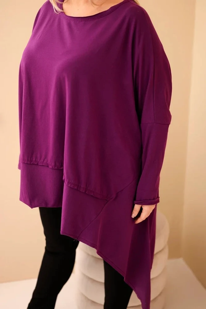 Moteriška Plus Size medvilninė tunika su asimetrine apačia, tamsiai violetinės spalvos