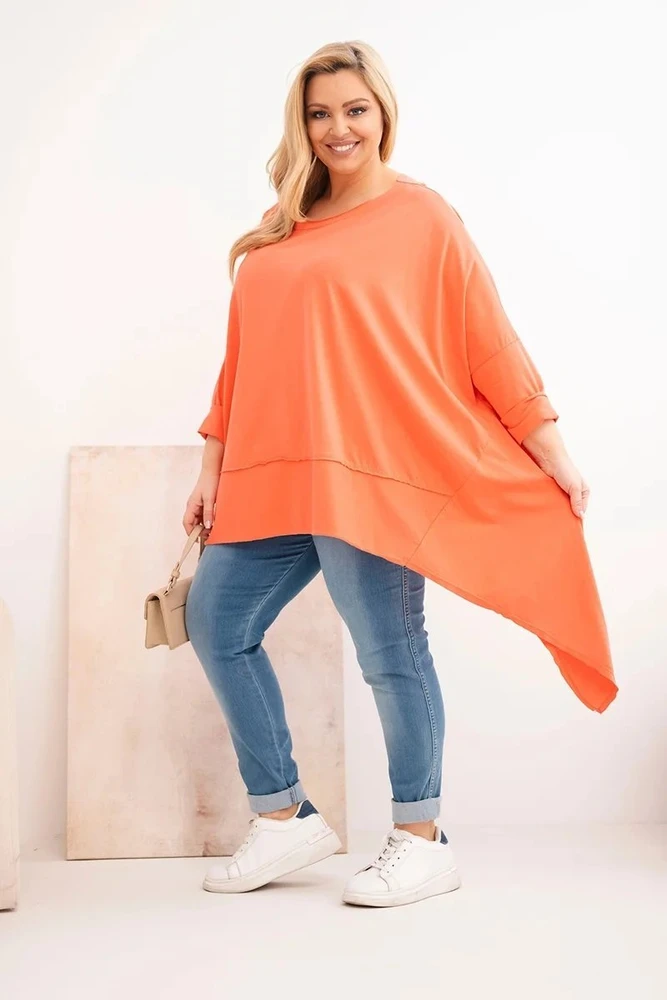 Moteriška Plus Size medvilninė tunika su asimetrišku apačios kirpimu, persikų spalvos