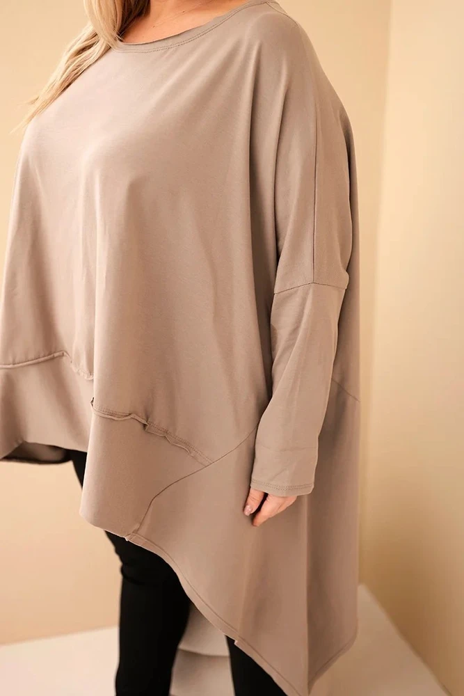 Moteriška Plus Size medvilninė tunika su asimetriniu apačios kraštu, kapučino spalvos