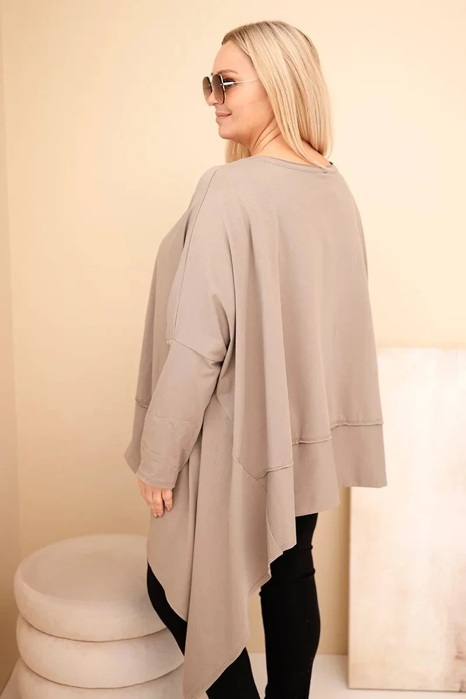 Moteriška Plus Size medvilninė tunika su asimetriniu apačios kraštu, kapučino spalvos
