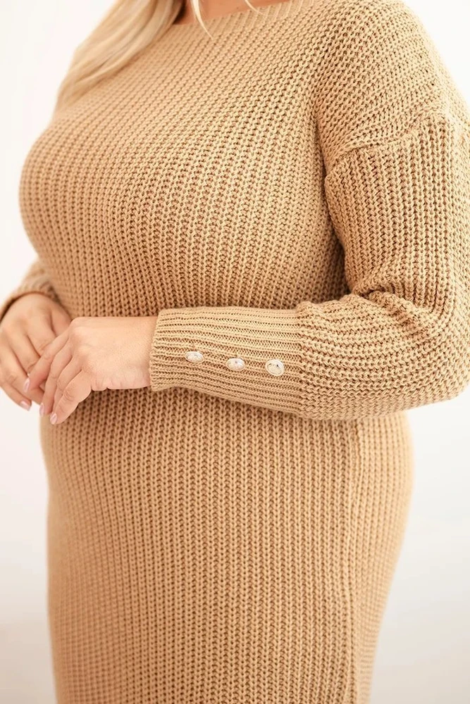 Moteriška Plus Size megzta suknelė su moheriu, kapučino spalvos