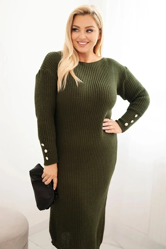 Moteriška Plus Size megzta suknelė su moheru, chaki spalvos