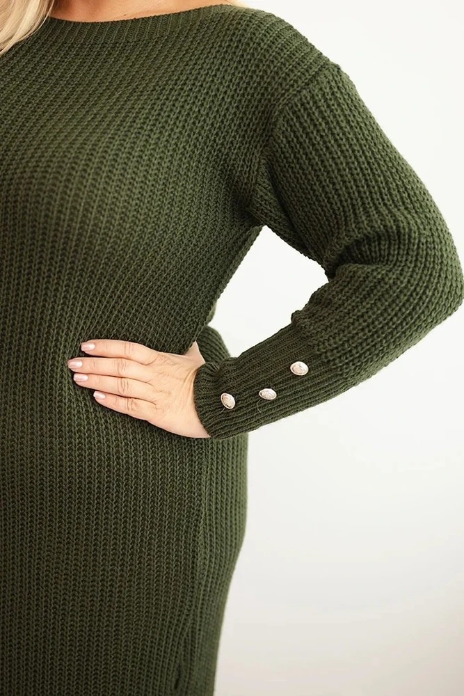 Moteriška Plus Size megzta suknelė su moheru, chaki spalvos