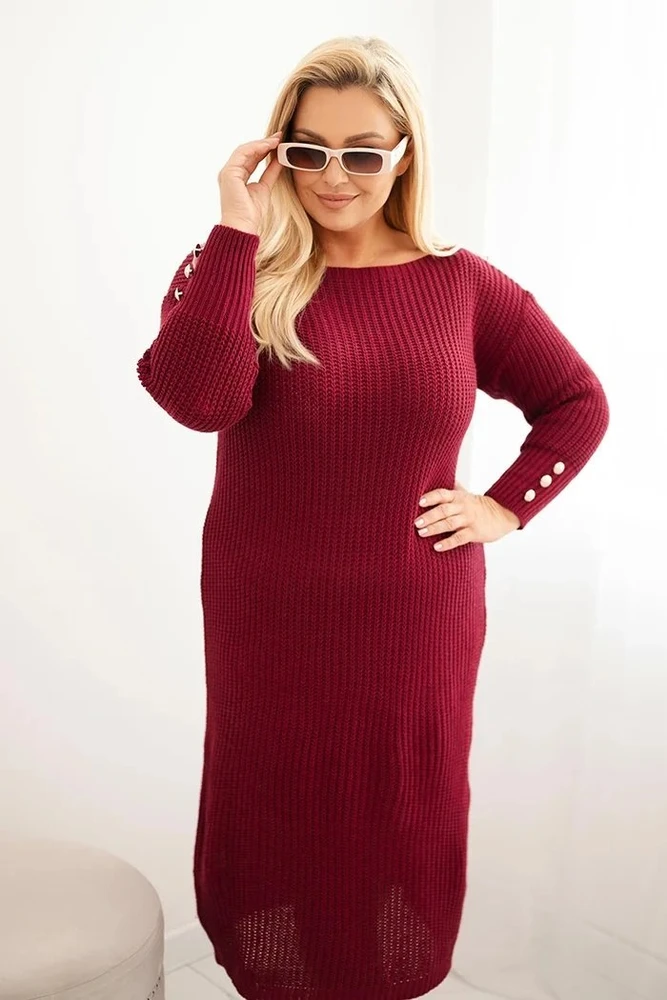 Moteriška Plus Size megztinė suknelė su mohera, burgundiškos spalvos