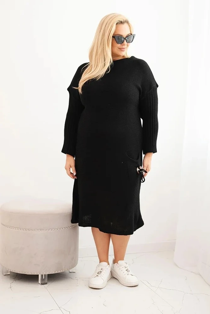 Moteriška Plus Size megztinė suknelė su kišene, juodos spalvos