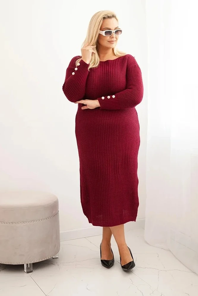 Moteriška Plus Size megztinė suknelė su mohera, burgundiškos spalvos
