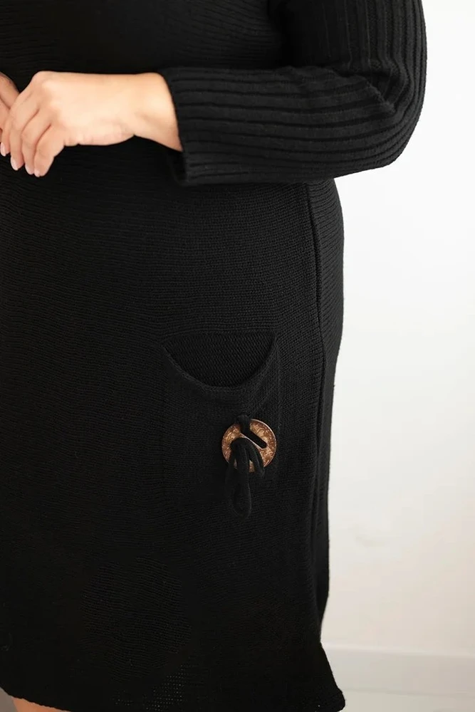 Moteriška Plus Size megztinė suknelė su kišene, juodos spalvos