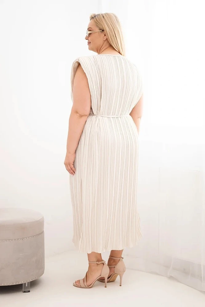 Moteriška Plus Size midi suknelė su surišimu ties juosmeniu, smėlio spalvos