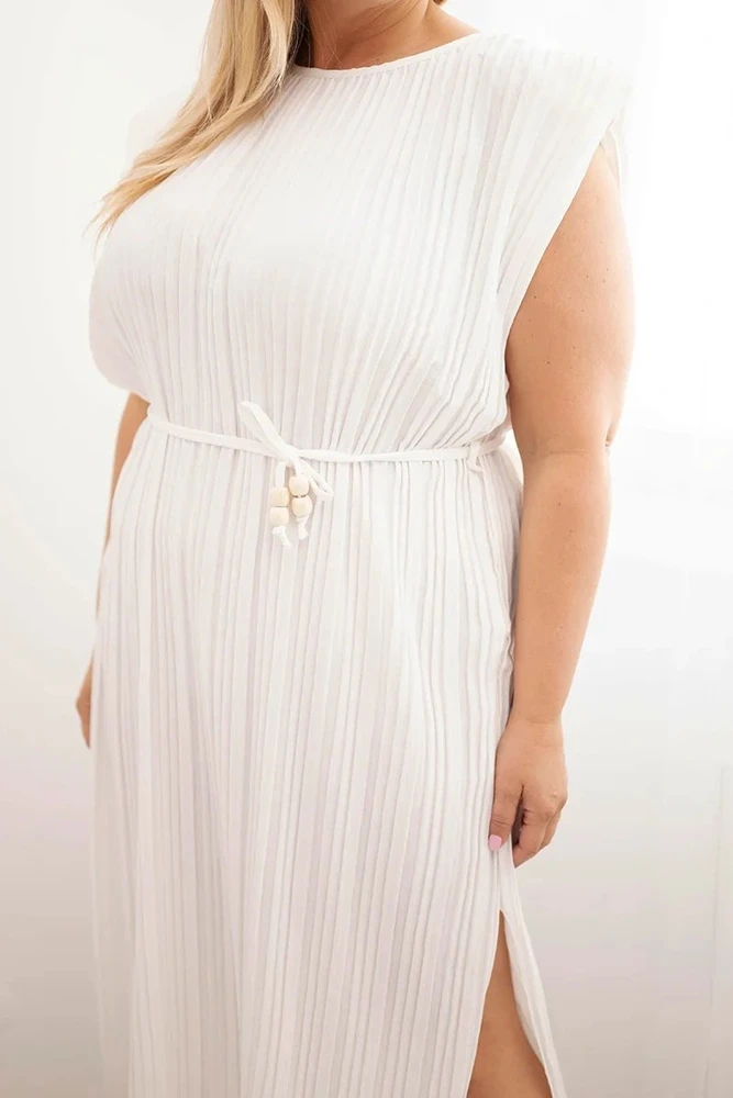 Moteriška Plus Size midi suknelė su surišimu ties juosmeniu, ekru spalvos
