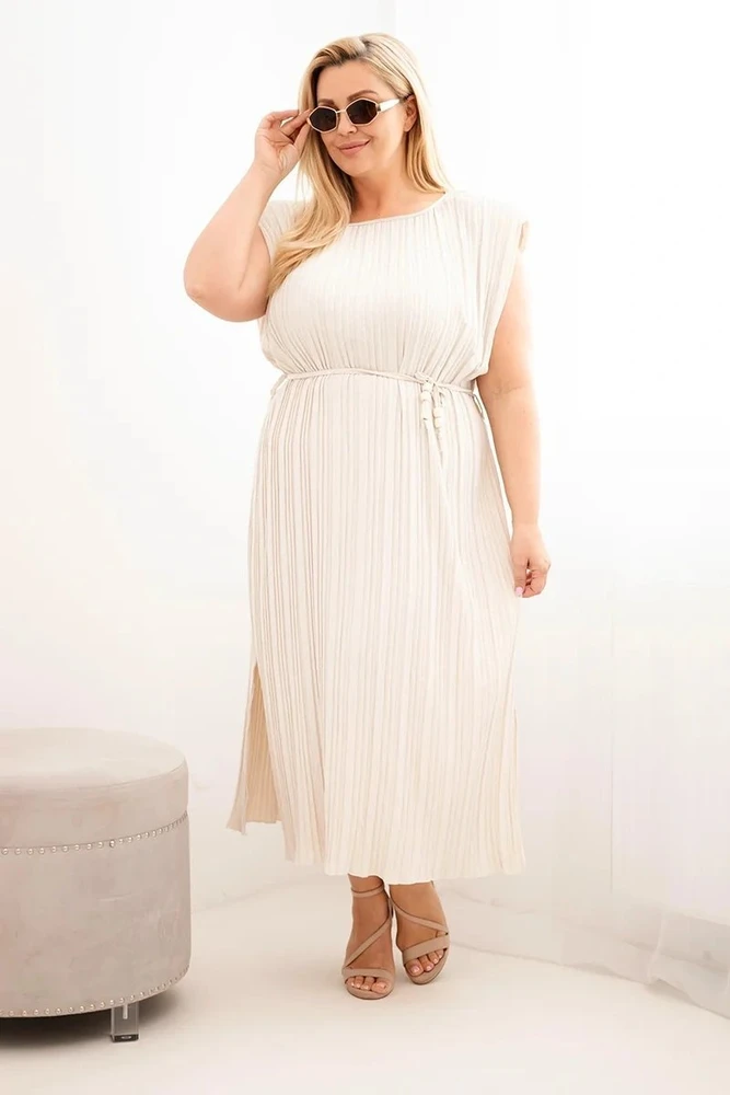 Moteriška Plus Size midi suknelė su surišimu ties juosmeniu, smėlio spalvos