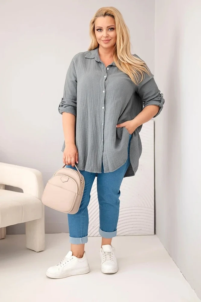 Moteriška Plus Size muslininė palaidinė, tamsiai pilkos spalvos