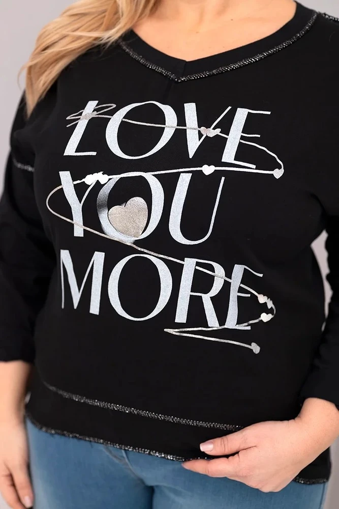 Moteriška Plus Size palaidinė „Love You More“, juodos spalvos