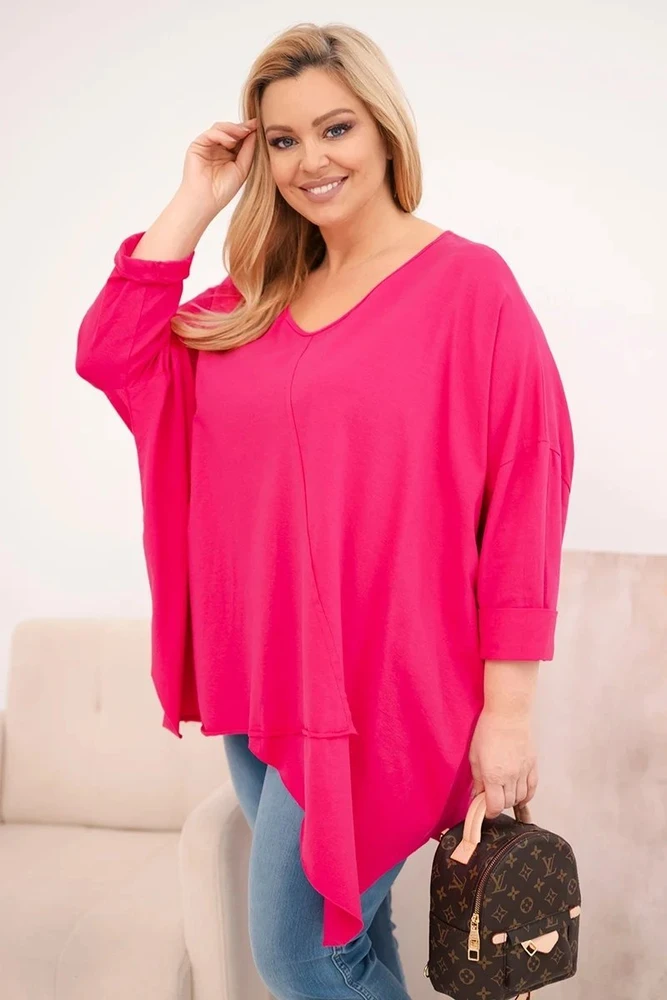 Moteriška Plus Size palaidinė su asimetriniu apačios kraštu ir V formos iškirpte, fuksijos spalvos