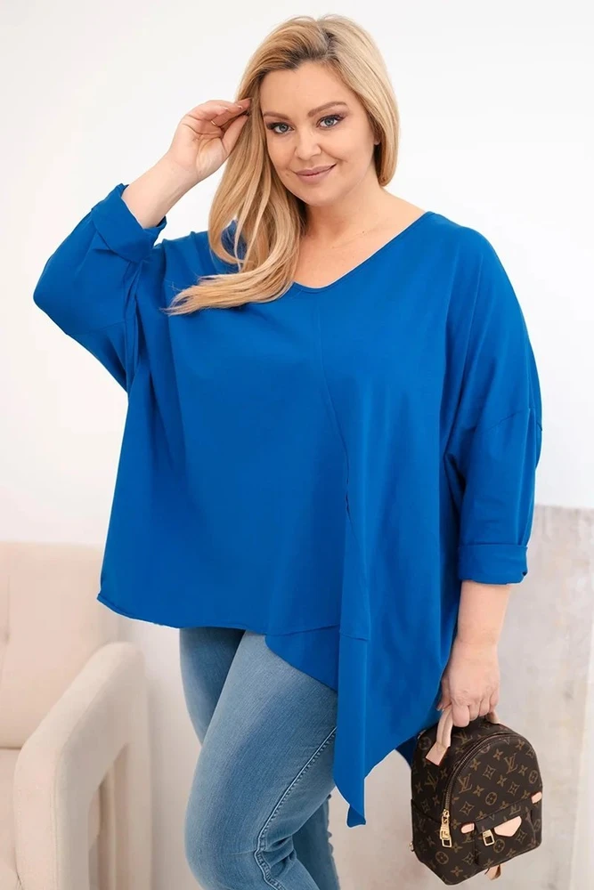 Moteriška Plus Size palaidinė su asimetriniu apačios kraštu ir V formos iškirpte, mėlynos spalvos