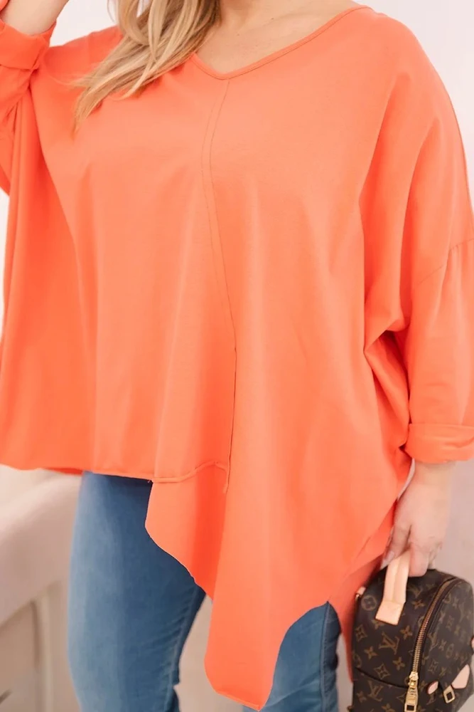 Moteriška Plus Size palaidinė su asimetriniu apačios kraštu ir V formos iškirpte, abrikosų spalvos