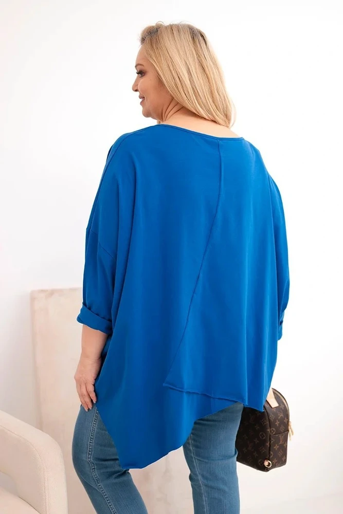 Moteriška Plus Size palaidinė su asimetriniu apačios kraštu ir V formos iškirpte, mėlynos spalvos