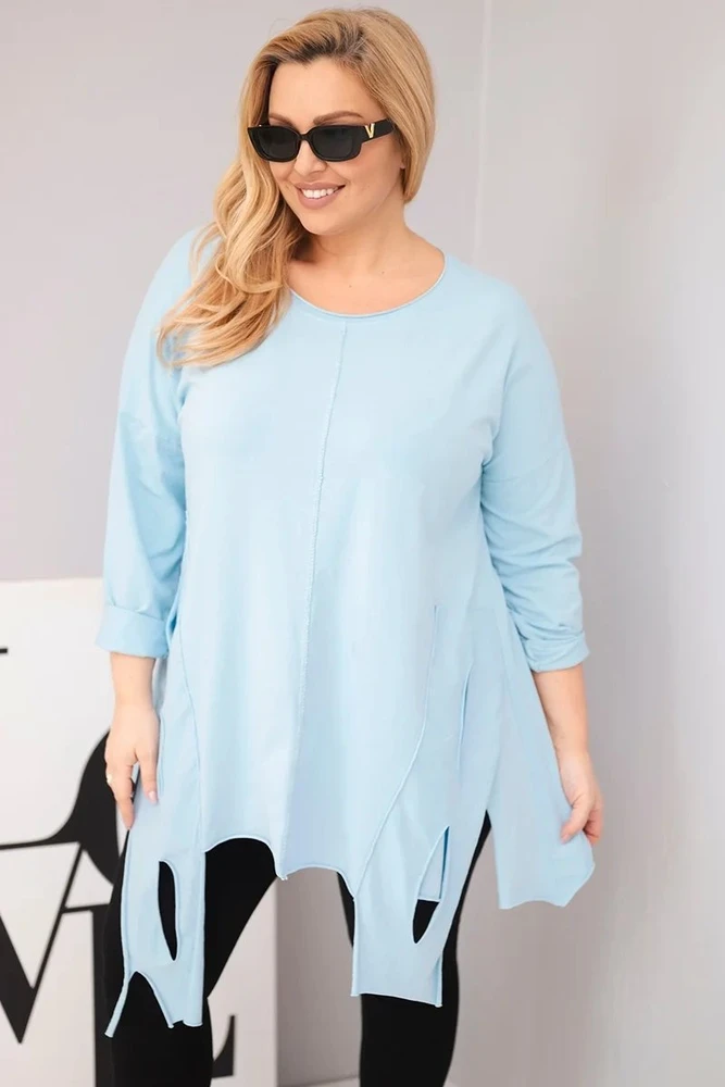 Moteriška Plus Size palaidinė su asimetriniu apačios kirpimu ir iškirpimais, mėlynos spalvos