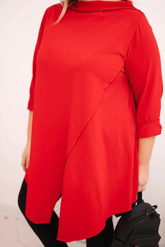 Moteriška Plus Size palaidinė su asimetriniu priekiu ir užlenktomis rankovėmis, raudonos spalvos