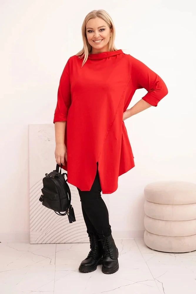 Moteriška Plus Size palaidinė su asimetriniu priekiu ir užlenktomis rankovėmis, raudonos spalvos