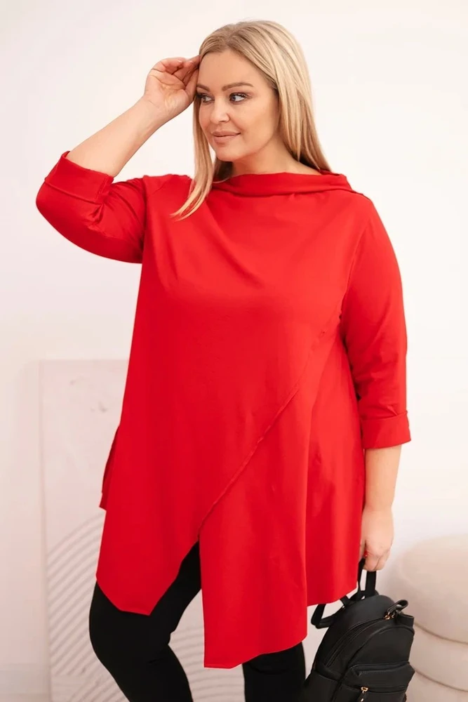 Moteriška Plus Size palaidinė su asimetriniu priekiu ir užlenktomis rankovėmis, raudonos spalvos