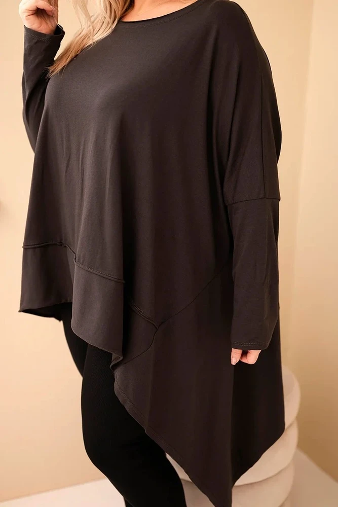 Moteriška Plus Size palaidinė su asimetriniu apačios kirpimu, ruda