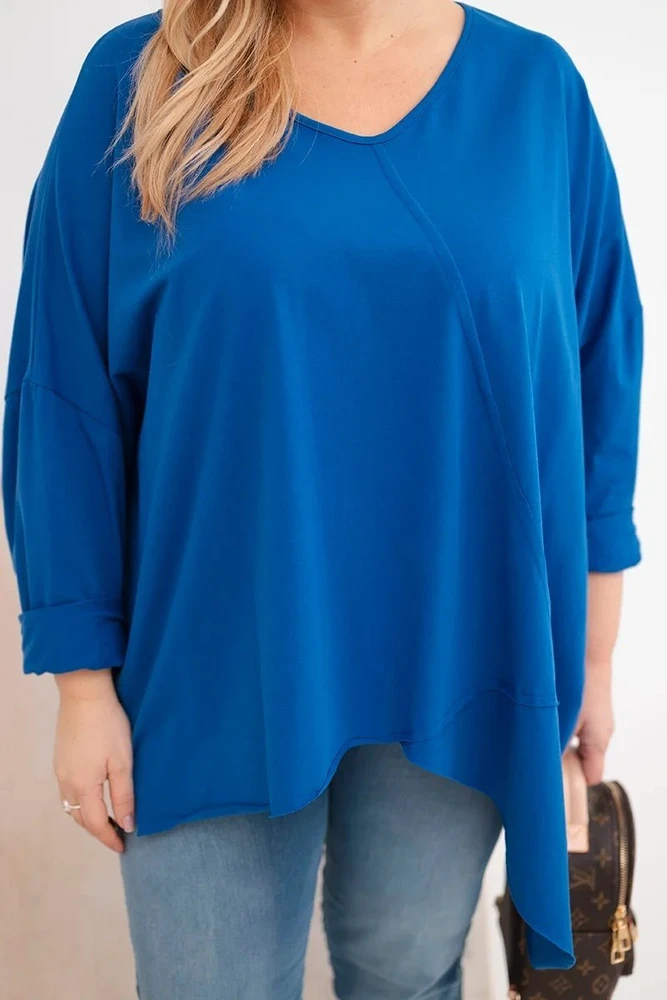 Moteriška Plus Size palaidinė su asimetriniu apačios kraštu ir V formos iškirpte, mėlynos spalvos