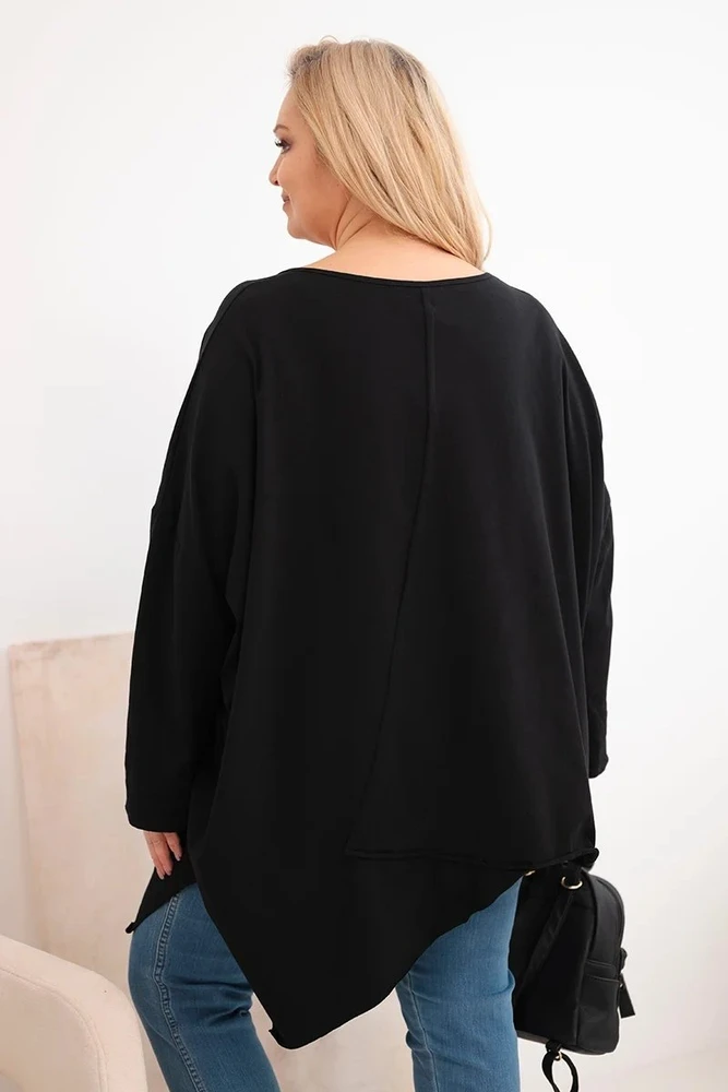 Moteriška Plus Size palaidinė su asimetriška apačia ir V iškirpte, juodos spalvos