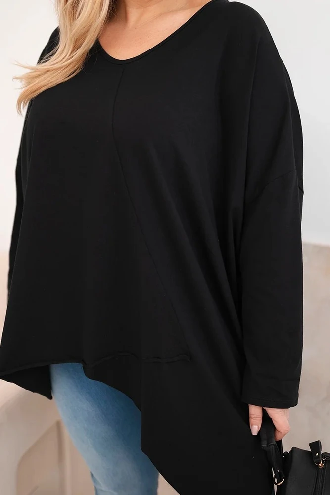 Moteriška Plus Size palaidinė su asimetriška apačia ir V iškirpte, juodos spalvos
