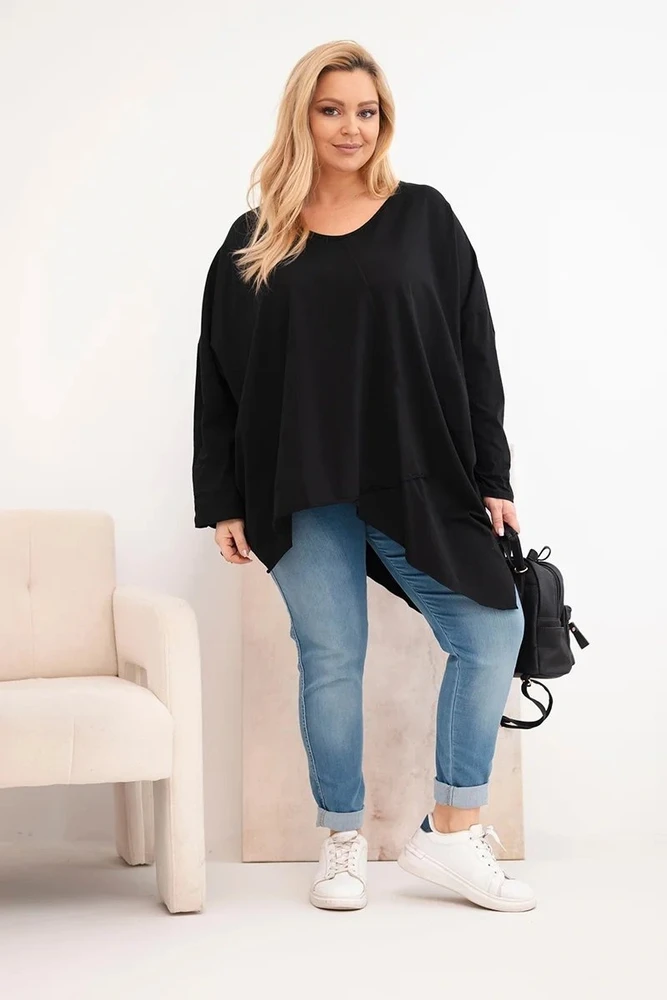 Moteriška Plus Size palaidinė su asimetriška apačia ir V iškirpte, juodos spalvos