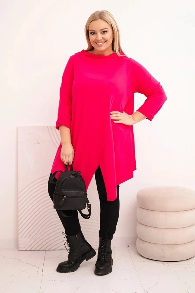 Moteriška Plus Size palaidinė su asimetrišku priekiu ir atraitotomis rankovėmis, fuksijos spalvos