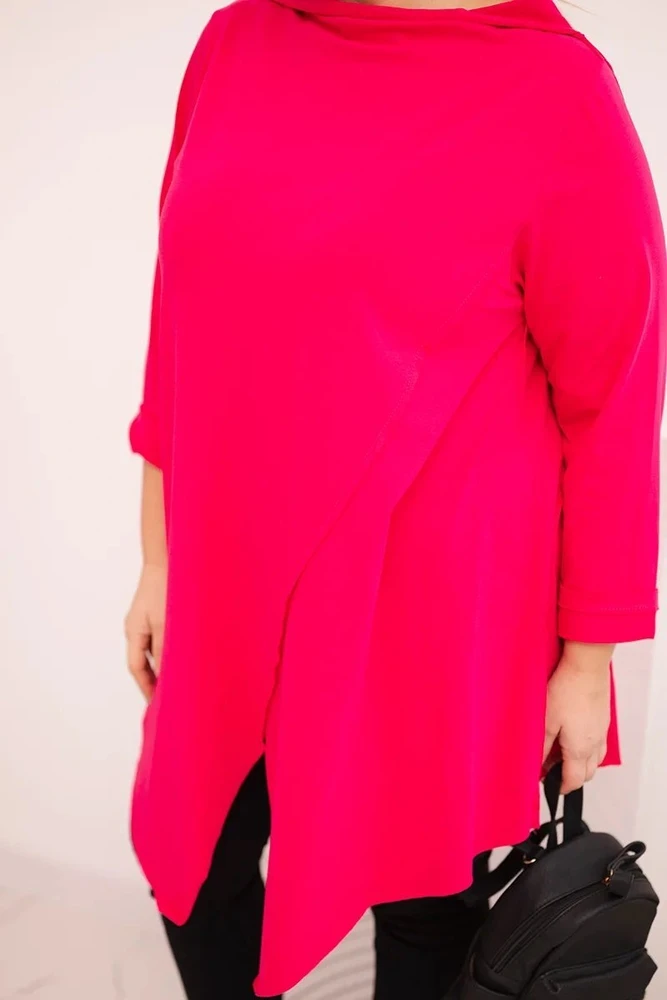 Moteriška Plus Size palaidinė su asimetrišku priekiu ir atraitotomis rankovėmis, fuksijos spalvos