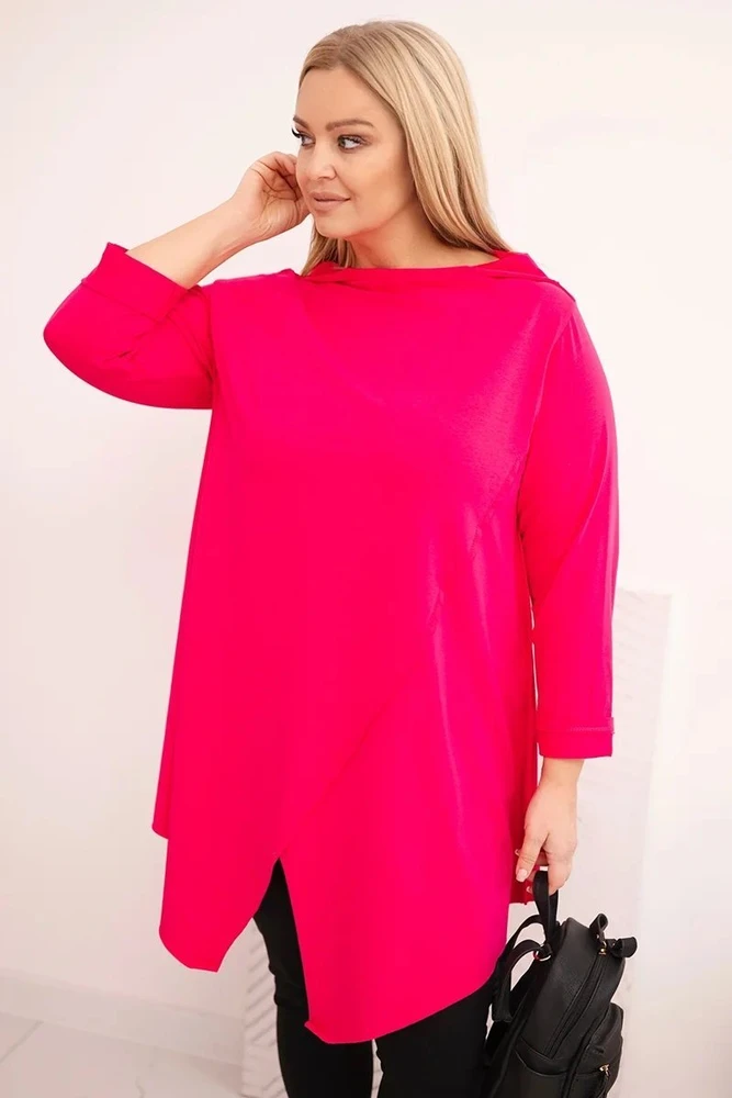 Moteriška Plus Size palaidinė su asimetrišku priekiu ir atraitotomis rankovėmis, fuksijos spalvos