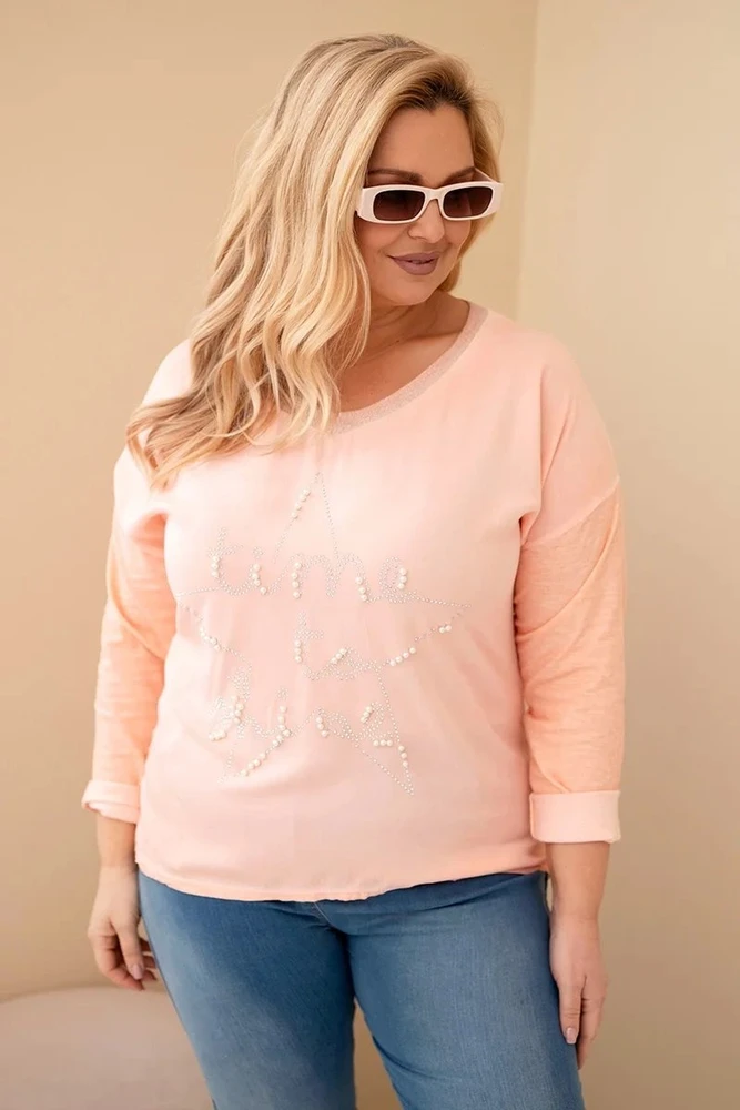 Moteriška Plus Size palaidinė su blizgančiu užrašu, abrikosų spalvos