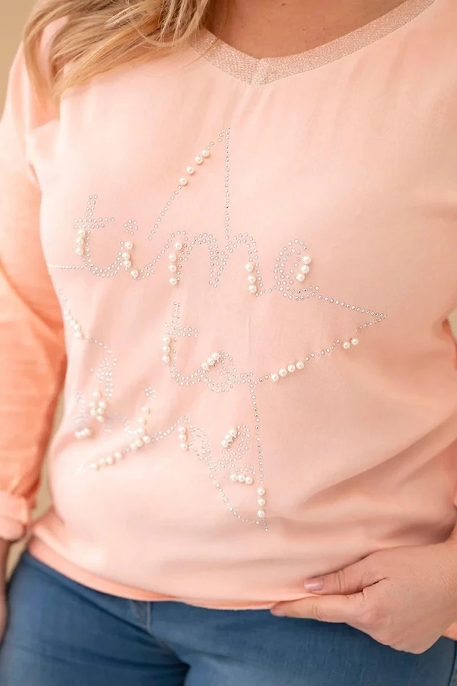 Moteriška Plus Size palaidinė su blizgančiu užrašu, abrikosų spalvos