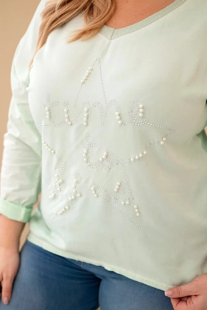 Moteriška Plus Size palaidinė su dekoratyviniu užrašu „Time to Shine“, mėtų spalvos