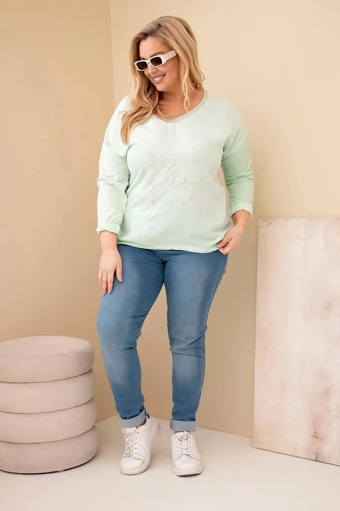 Moteriška Plus Size palaidinė su dekoratyviniu užrašu „Time to Shine“, mėtų spalvos