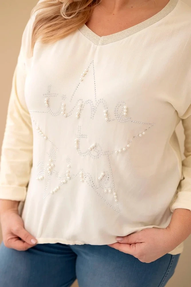 Moteriška Plus Size palaidinė su dekoratyviniu užrašu ir perlais, geltonos spalvos