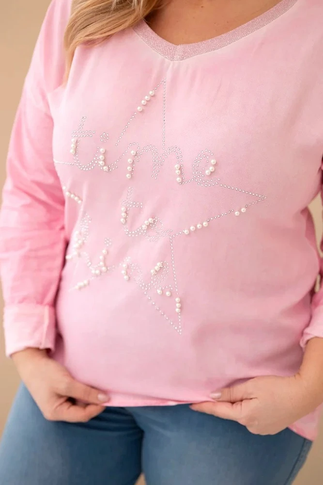 Moteriška Plus Size palaidinė su dekoruotu užrašu, šviesiai rožinės spalvos