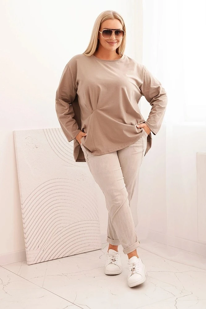 Moteriška Plus Size palaidinė su kišene ir užlenktomis rankovėmis, chaki spalvos