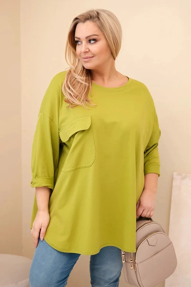 Moteriška Plus Size palaidinė su kišene, alyvuogių žalios spalvos