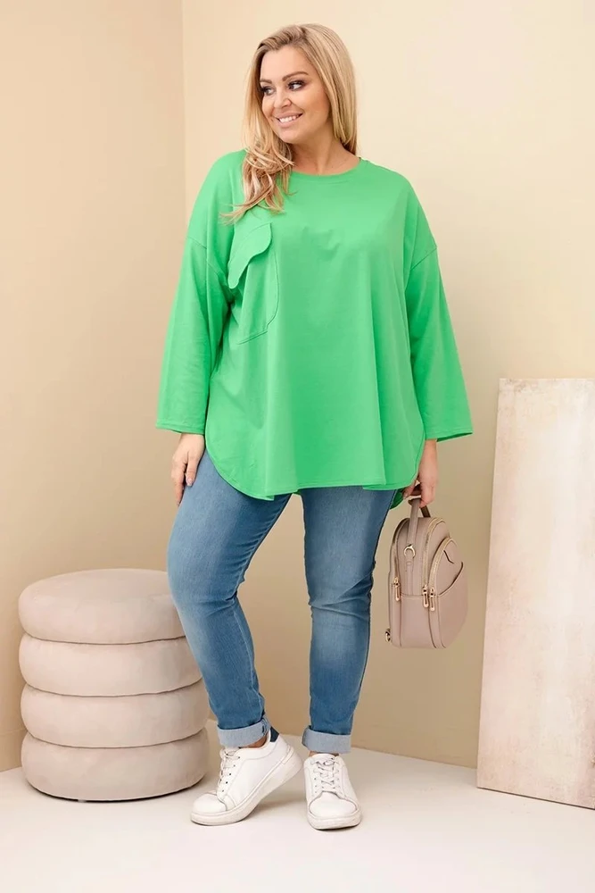 Moteriška Plus Size palaidinė su kišene ir rankovėmis, šviesiai žalios spalvos