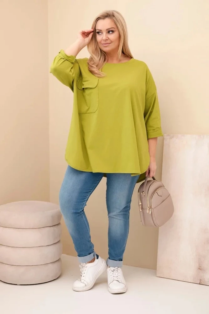 Moteriška Plus Size palaidinė su kišene, alyvuogių žalios spalvos