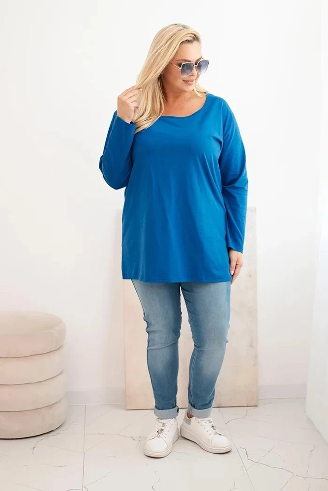 Moteriška Plus Size palaidinė su laiveline iškirpte, mėlynos spalvos