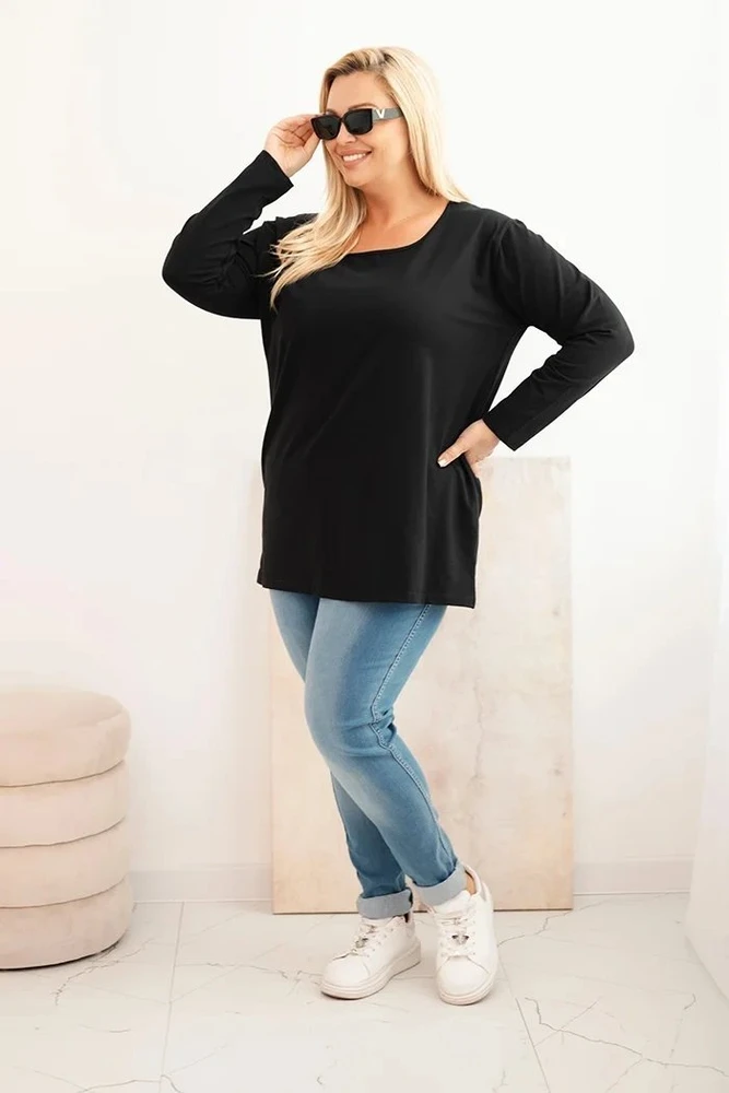 Moteriška Plus Size palaidinė su laivelio formos iškirpte, juodos spalvos